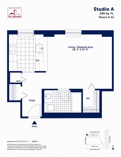 Floor plan for studio, 1 bath, 508 sqft